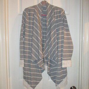 Tickled Teal Grey with White Stripes and Lace Asymmetrical Cardigan Medium